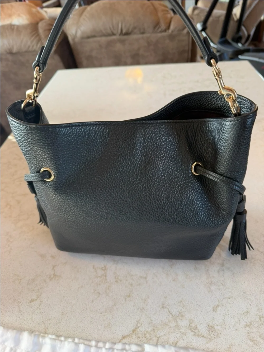 Coach Black Pebbled Leather Shoulder Tote with Tassels and Gold Hardware